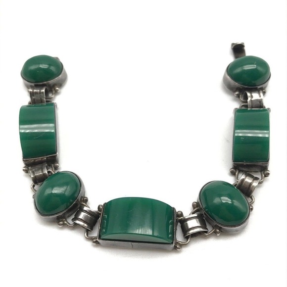 Vintage 925 Sterling Silver Mexico Green Onyx Panel Link Bracelet 7.25" - Picture 2 of 10